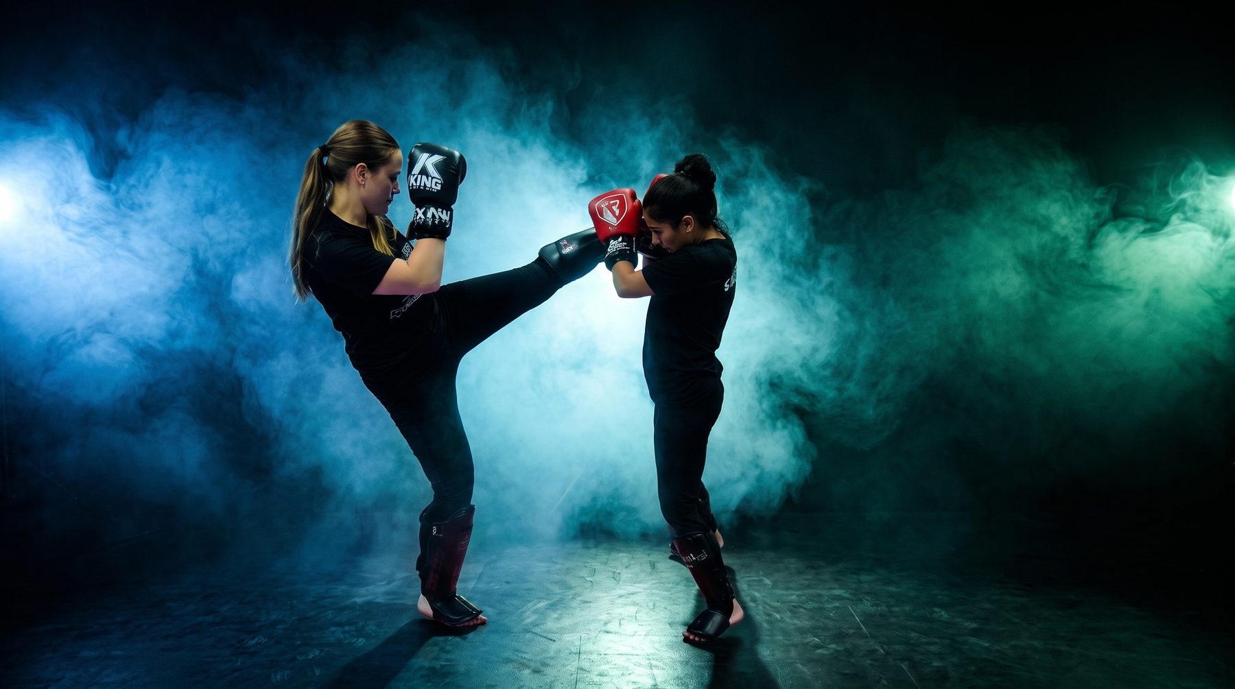 Twee sporters trainen kicks tijdens een kickbokstraining